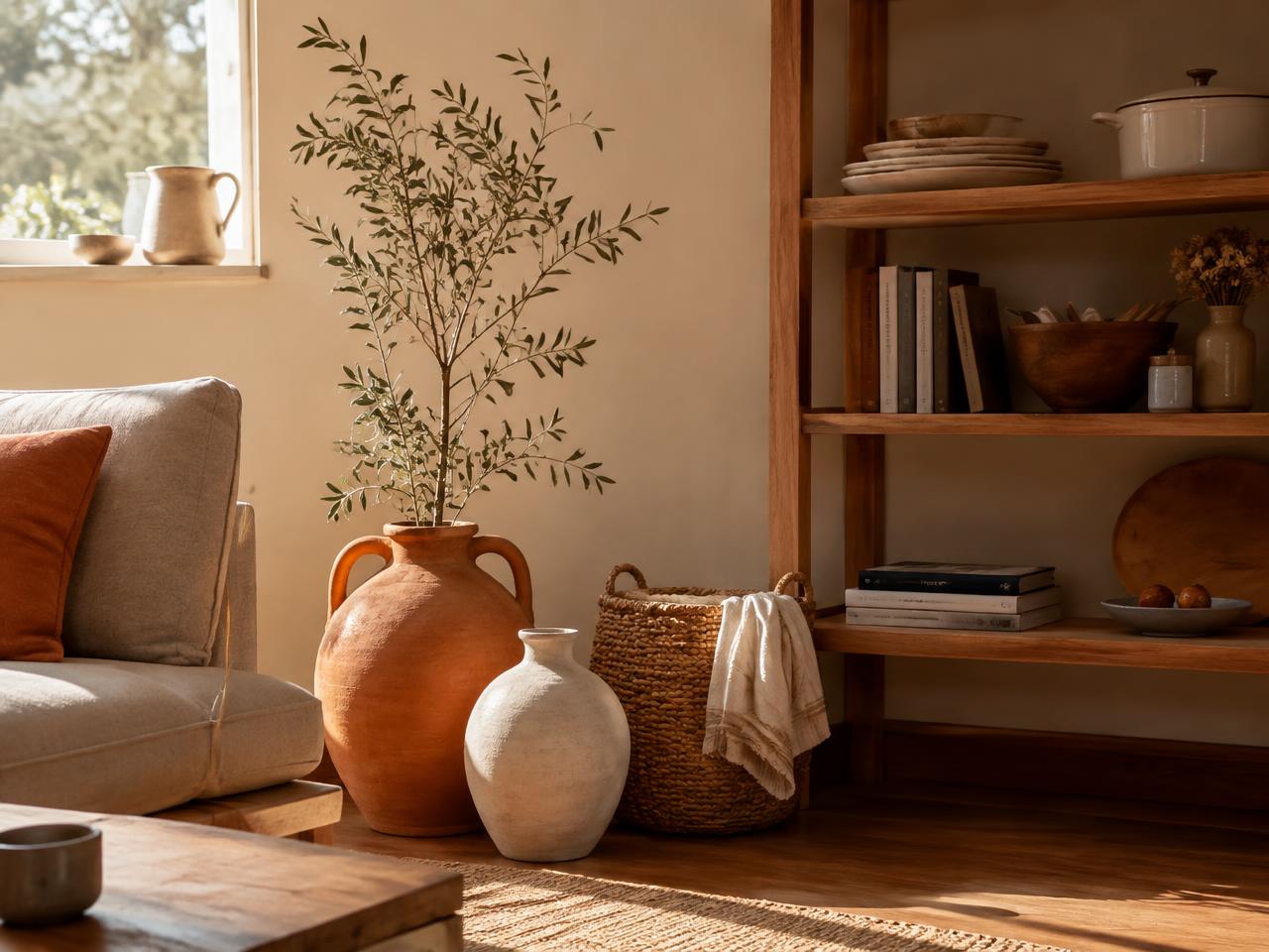 A styled living room with warm decor