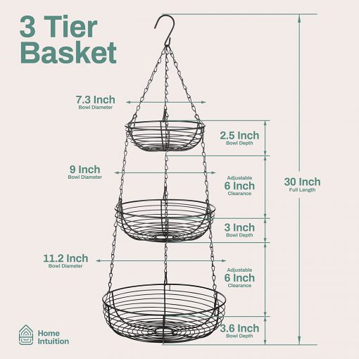 3-Tier Heavy Duty Hanging Fruit Basket with 2 Metal Ceiling Hooks fig2